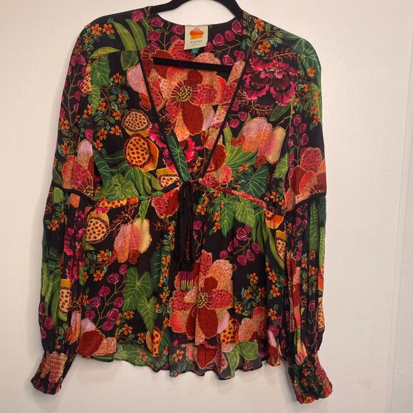 Farm Rio Floral Boho Blouse size M Multicolor Peasant Top w/ Tassel Tie - Picture 5 of 9